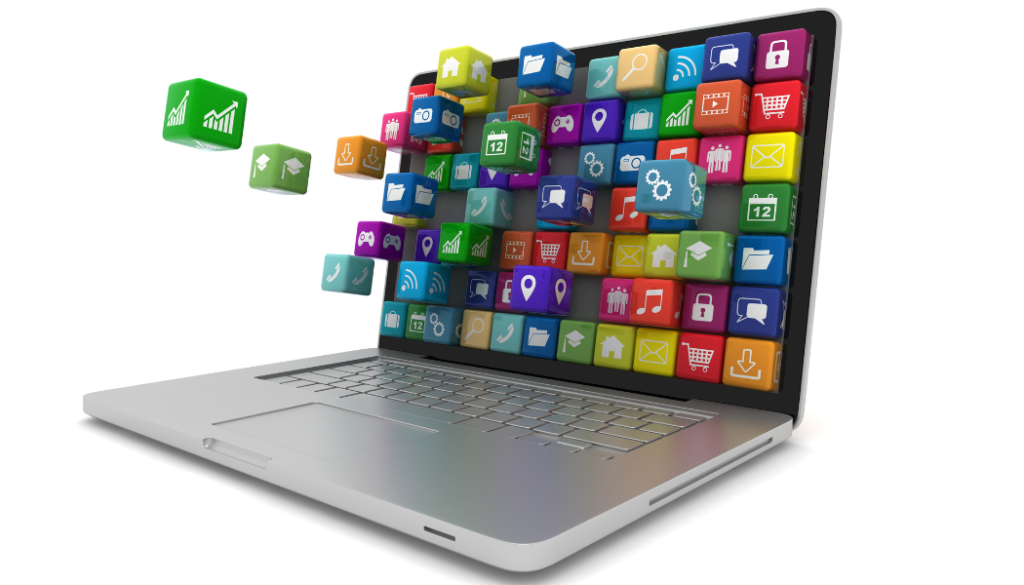 laptop with colorful icons suggesting apps